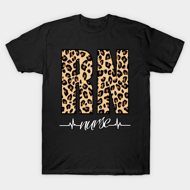 Registered Nurse Life Heartbeat Pattern Leopard Print T-Shirt by Duds4Fun